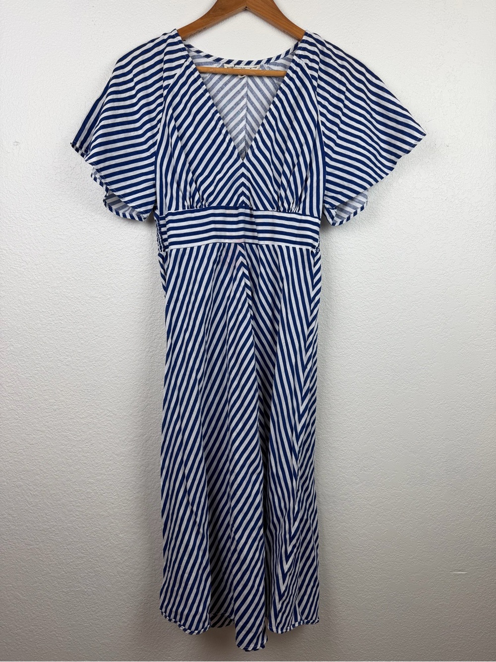 Blue and White Striped V-Neck Midi Dress